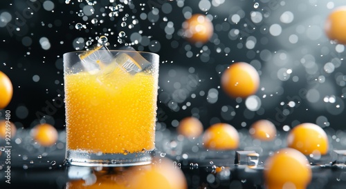 Refreshing Citrus Drink With Ice and Oranges Splashing on Dark Background