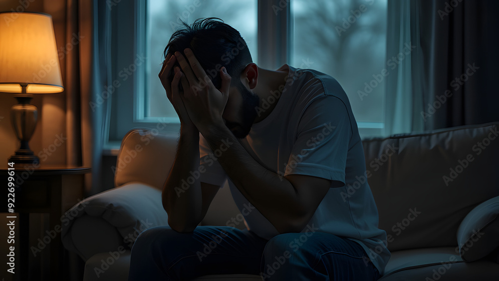A Young Depressed Man With Hands on His Forehead. A Young Depressed Man With Hands on His Forehead.