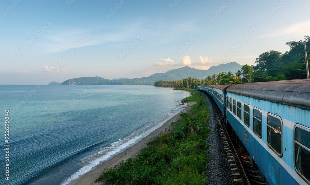 Luxurious Train Traveling Through Scenic Rainforest and Ocean Landscape Under a Blue Sky Luxurious Train Traveling Through Scenic Rainforest and Ocean Landscape Under a Blue Sky