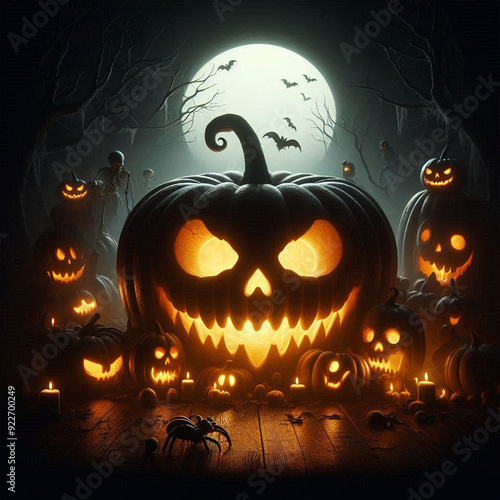 Halloween background with pumpkins and haunted house - 3D render. Halloween background with Evil Pumpkin. 