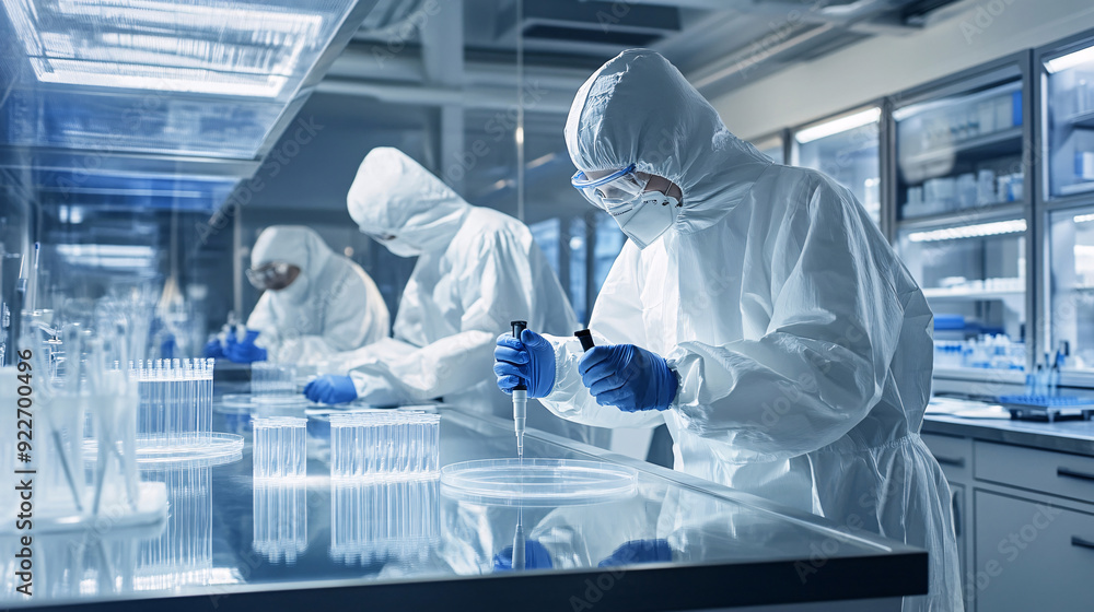 scientists in protective suit working with test tubes in modern scientific laboratory scientists in protective suit working with test tubes in modern scientific laboratory