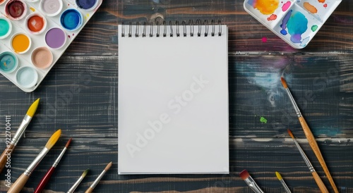 Blank Sketchbook and Watercolor Palette on Wooden Table