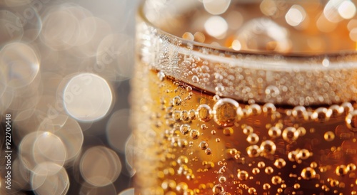 Bubbles in a Glass of Carbonated Beverage With Soft Focus Background