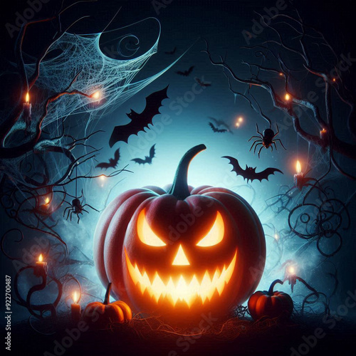 Halloween background with pumpkins and haunted house - 3D render. Halloween background with Evil Pumpkin. 