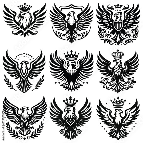 Regal eagle emblem illustrations, black and white, coat of arms, perfect for royal crests.