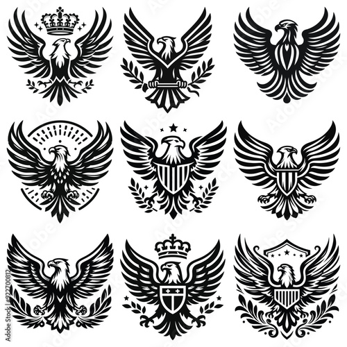 Black and white regal eagle emblems collection, heraldic designs, perfect for logos or tattoos
