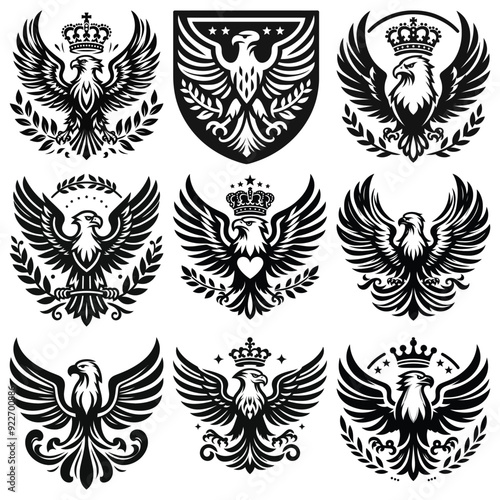 Set of regal heraldic eagle coat of arms in black and white, vector art, perfect for logos or crests