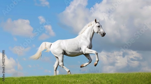 White Horse Galloping Across Green Meadow Under a Blue Sky