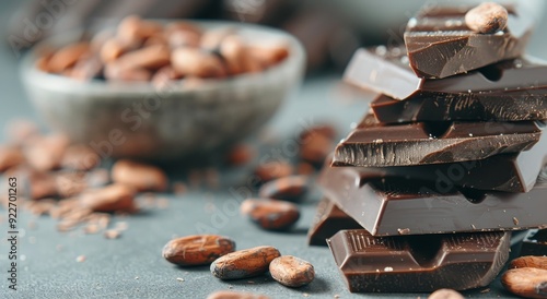 Rich Chocolate Bars With Cocoa Powder And Beans On Rustic Surface