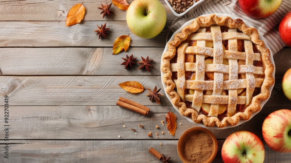 Freshly Baked Apple Pie Surrounded by Apples and Autumn Leaves on Rustic Wooden Table Freshly Baked Apple Pie Surrounded by Apples and Autumn Leaves on Rustic Wooden Table