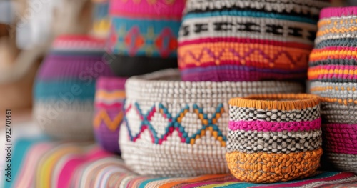 Colorful Handwoven Baskets Displayed on Wooden Shelves in Artisan Marketplace