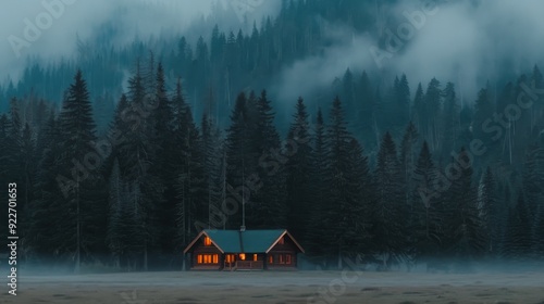 Cozy Log Cabin Surrounded by Misty Forest at Dusk