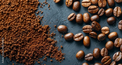 Freshly Ground Coffee Beans and Powder on Dark Surface