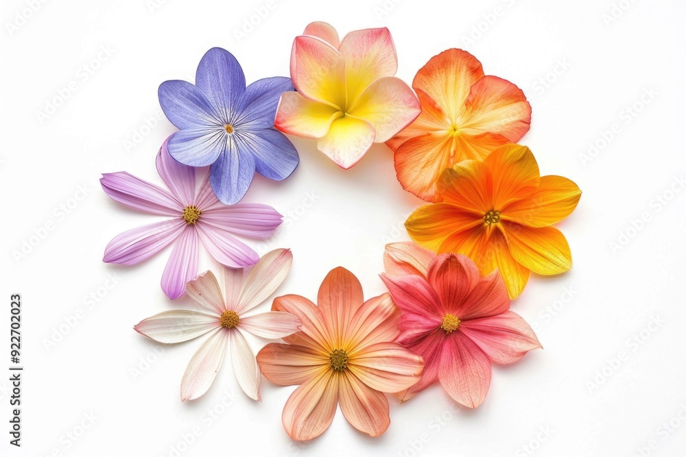 A bouquet of vibrant flowers arranged on a white background A bouquet of vibrant flowers arranged on a white background