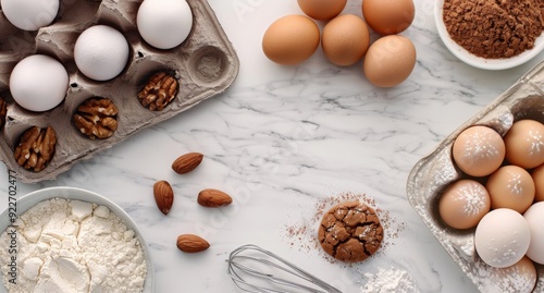 Eggs, Nuts, and Flour Prepared for Baking on a Marble Countertop