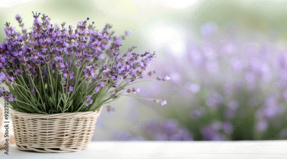 Obraz premium Lavender Bouquet in Woven Basket Beside Decorative Pillow