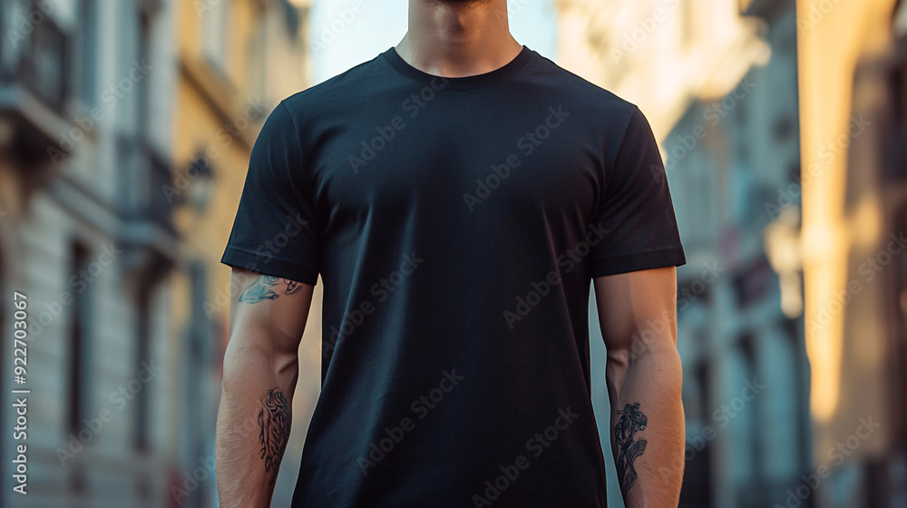 Cropped image of tattooed man in black t-shirt standing outdoors. T-shirt Mockup Cropped image of tattooed man in black t-shirt standing outdoors. T-shirt Mockup