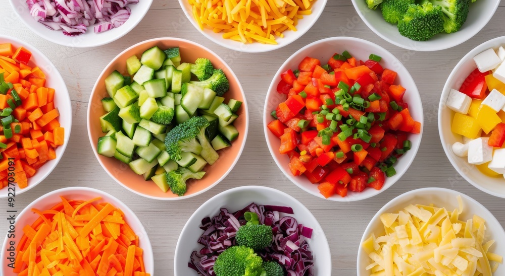 Freshly Chopped Vegetables in Colorful Bowls on a Kitchen Table Freshly Chopped Vegetables in Colorful Bowls on a Kitchen Table