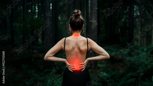 A woman in a forest holding her lower back with a red glow, symbolizing back pain, injury, or discomfort, contrasting with the natural, serene environment.