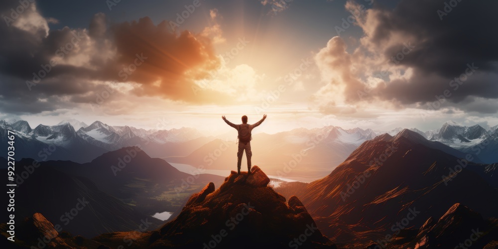 A man raising his hands on top of a mountain with the setting sun, hyper realistic A man raising his hands on top of a mountain with the setting sun, hyper realistic