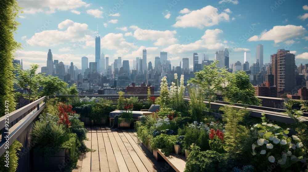 Fototapeta premium A photo of a rooftop garden with urban city views.