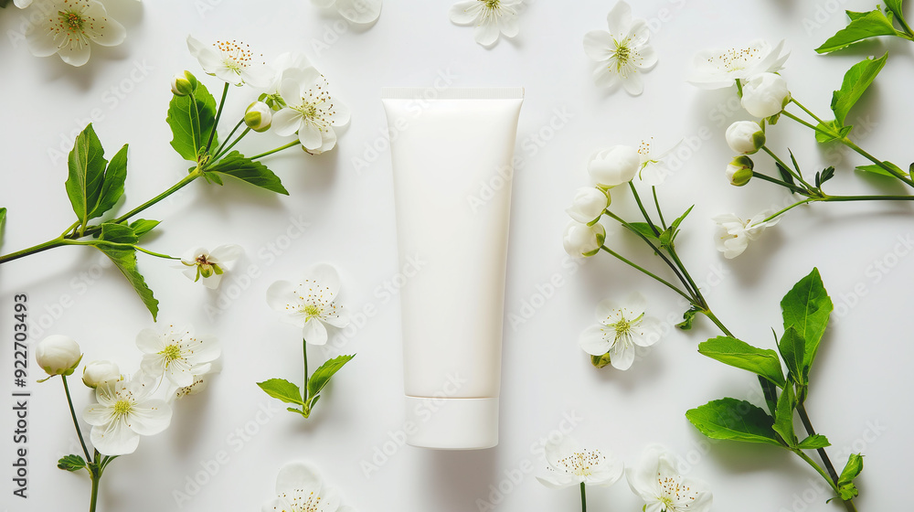 Blank cream tube with flowers on white background Blank cream tube with flowers on white background