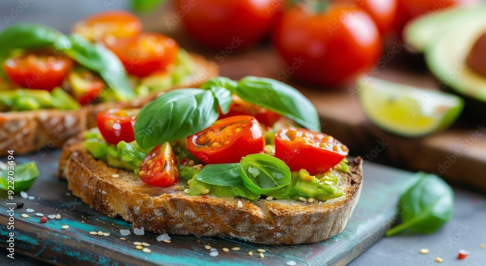 Avocado Toast With Cherry Tomatoes and Fresh Basil on Rustic Cutting Board Avocado Toast With Cherry Tomatoes and Fresh Basil on Rustic Cutting Board