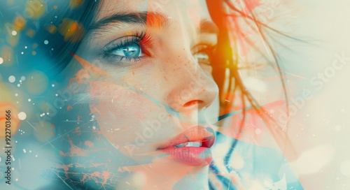 Young Woman With Dreamy Expression Surrounded by Colorful Bokeh Lights