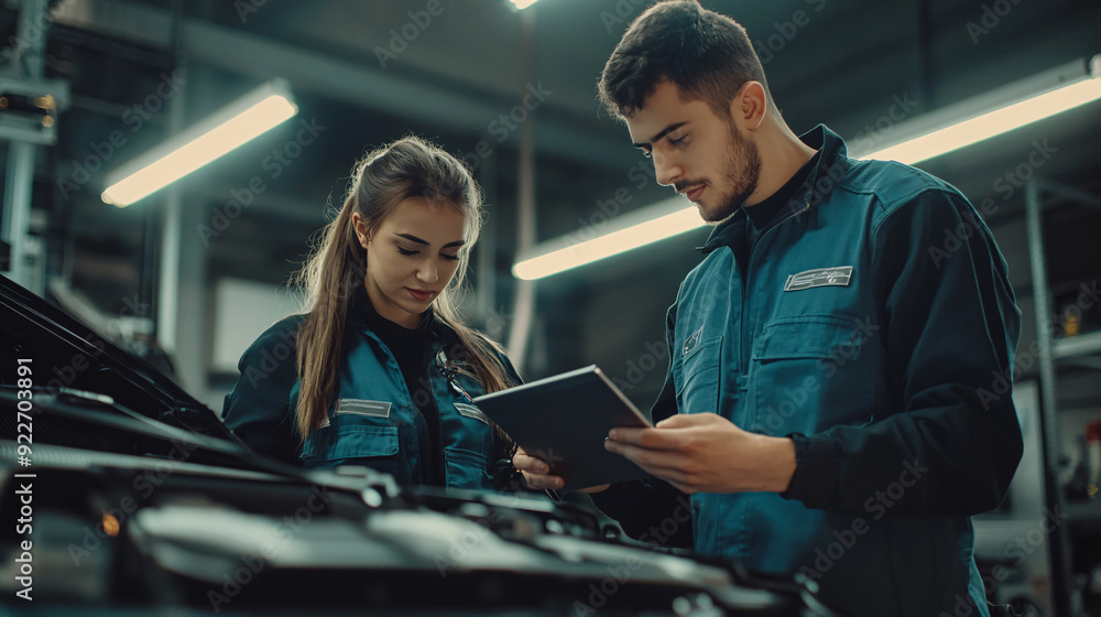 auto mechanic and female technician working with digital tablet in auto repair shop auto mechanic and female technician working with digital tablet in auto repair shop