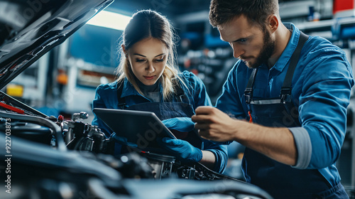 auto mechanic and female technician working with digital tablet in auto repair shop