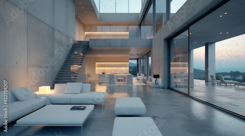 Modern Open Concept Living Room Overlooking Urban Skyline at Dusk