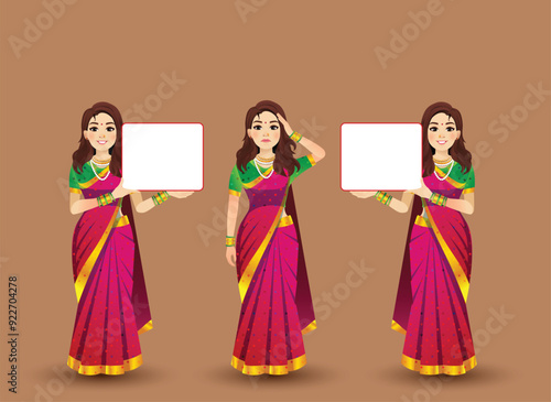 Set of women poses with Red saree vector character design