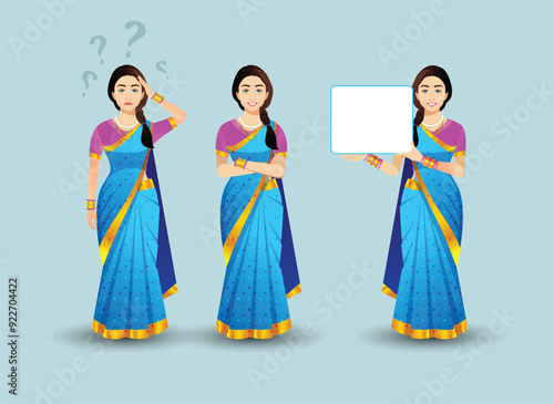 Set of women poses with Blue saree vector character design