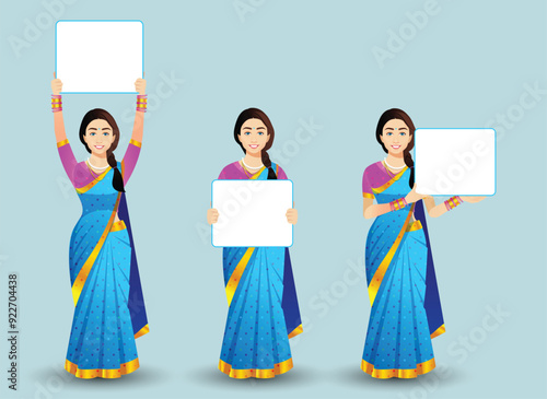 Set of women poses with Blue saree vector character design