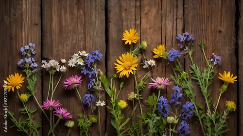 Mixed wildflowers On A rustic wooden background