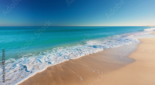 Sunny Beach With Gentle Waves and Clear Blue Sky