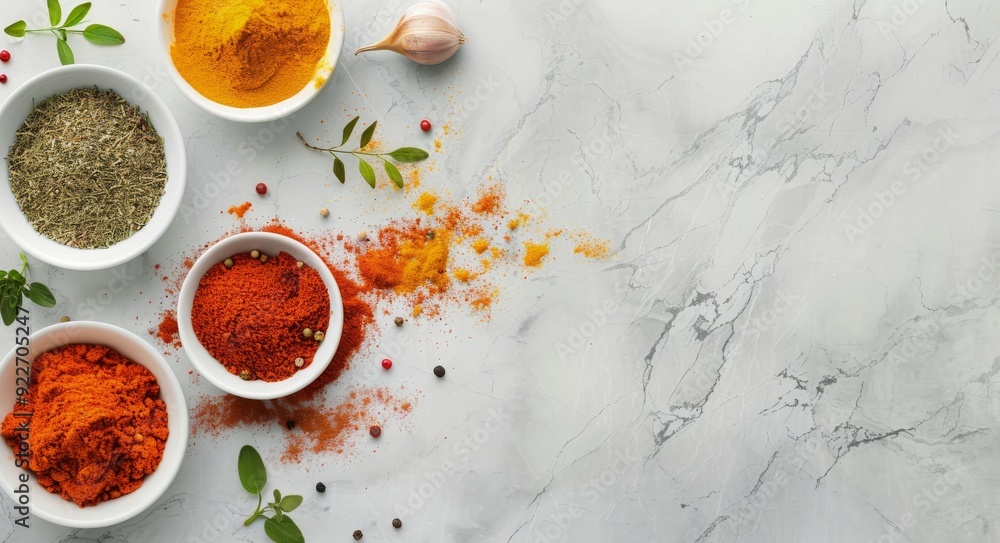 Colorful Spices and Herbs on Marble Countertop in Culinary Preparation Colorful Spices and Herbs on Marble Countertop in Culinary Preparation
