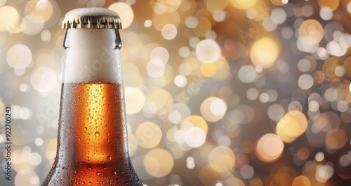Chilled Beer Bottle Against Blurred Golden Bokeh Background in Evening Light