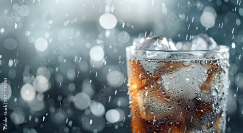 Refreshing Cold Beverage With Ice Cubes In Rainy Atmosphere