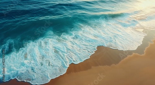 Serene Aerial View of Clear Ocean Waves Gently Lapping on Sandy Beach at Sunrise