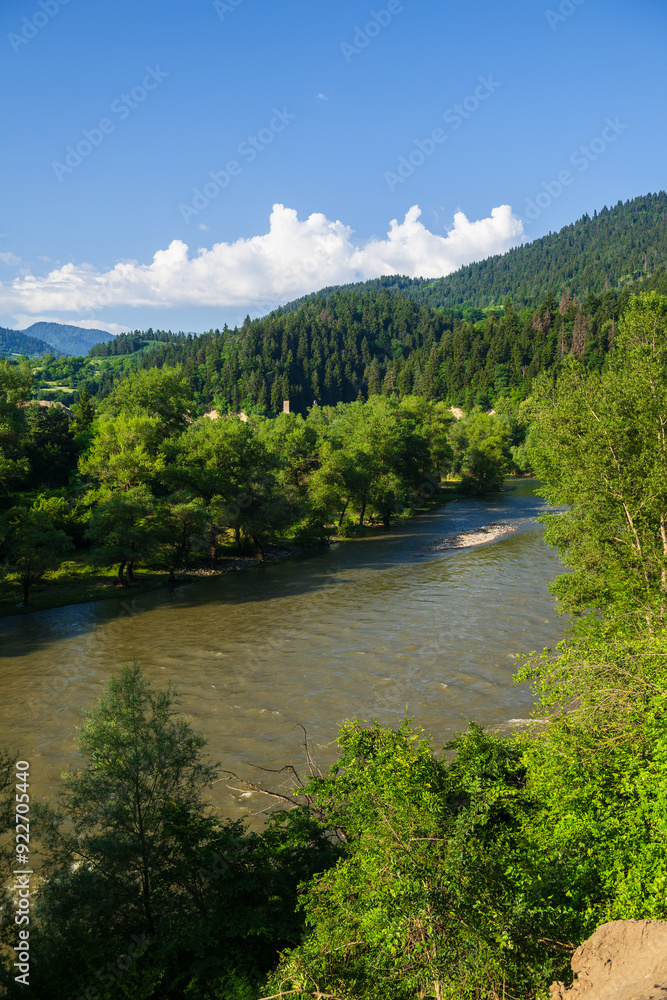 Beautiful landmark near the Borjomi with Kura river and mountain forest. Beautiful landmark near the Borjomi with Kura river and mountain forest.