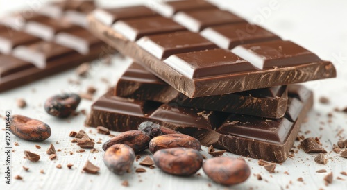 Chocolate Bars Stacked With Cocoa Beans on White Surface