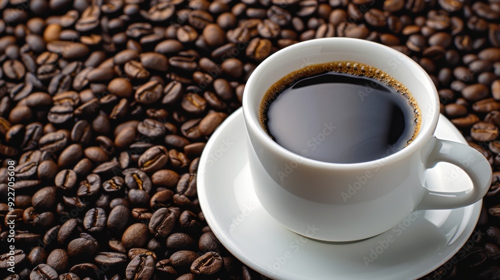 Freshly Brewed Coffee Cup on Wooden Table Surrounded by Coffee Beans Freshly Brewed Coffee Cup on Wooden Table Surrounded by Coffee Beans