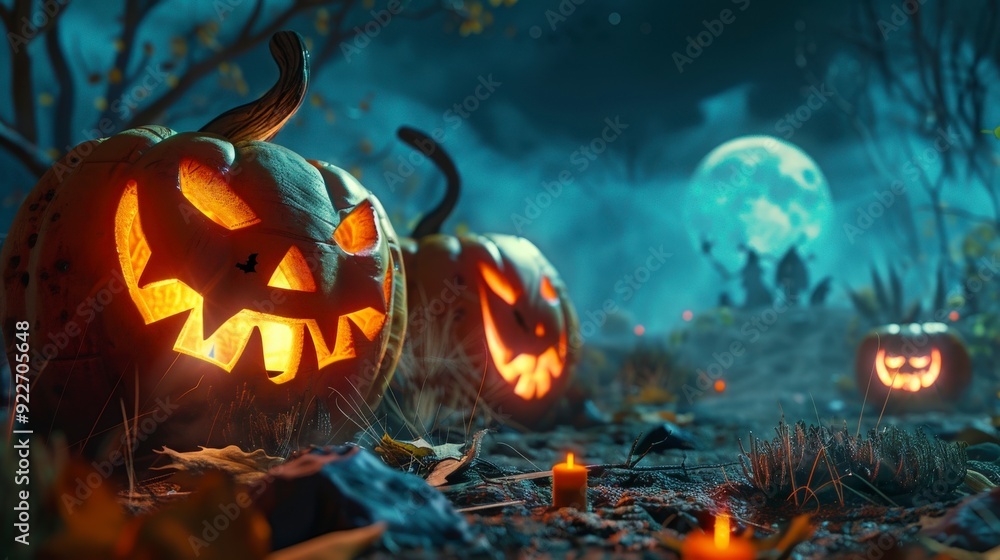 Fototapeta premium A spooky Halloween scene featuring carved pumpkins, candles, and a full moon backdrop.