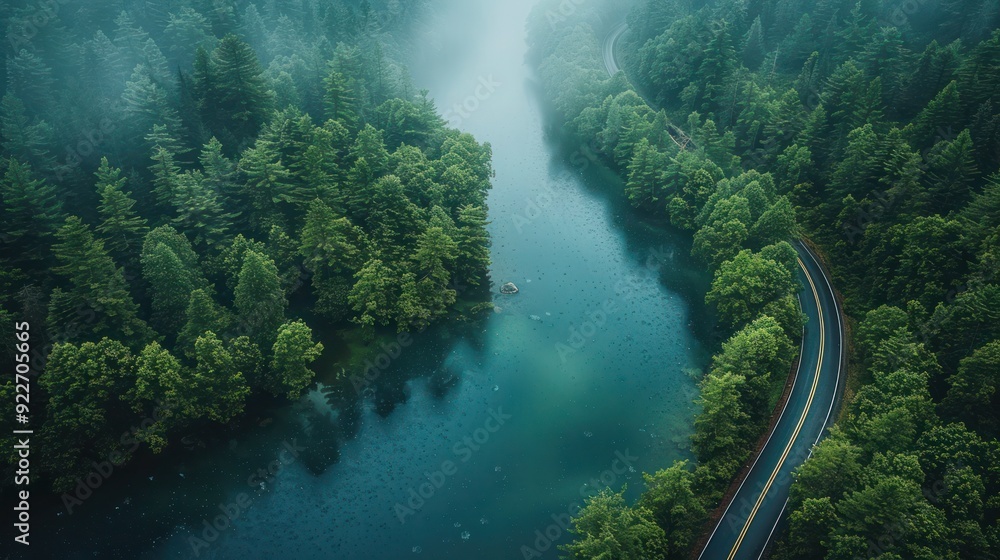 Aerial view of a winding road cutting through a dense forest. The scene captures the contrast between the man-made path and the lush green canopy Aerial view of a winding road cutting through a dense forest. The scene captures the contrast between the man-made path and the lush green canopy