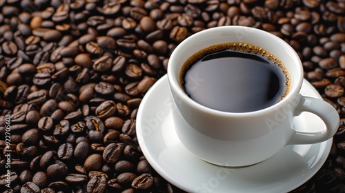 Freshly Brewed Coffee Cup on Wooden Table Surrounded by Coffee Beans
