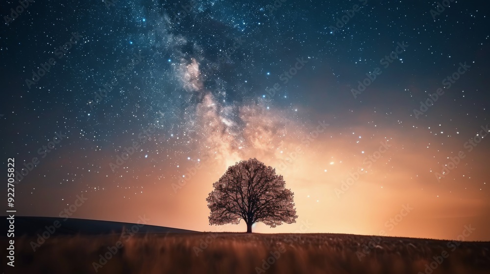 Lone Tree Under the Milky Way at Dusk in Serene Landscape Lone Tree Under the Milky Way at Dusk in Serene Landscape