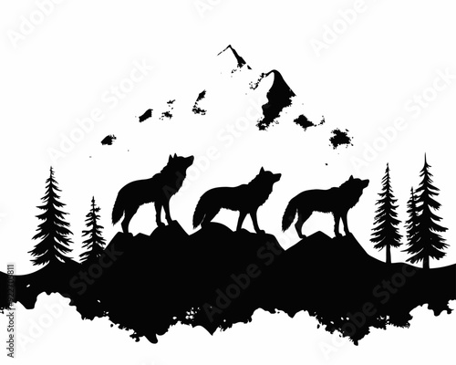 Silhouette of a wolf pack on a mountain with pine trees