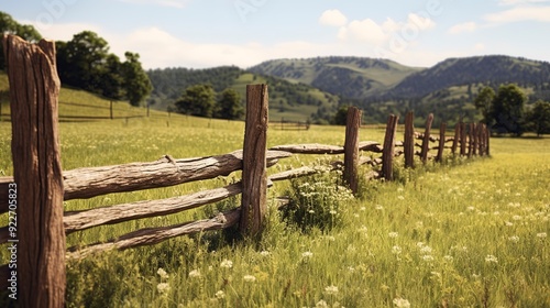 A photo of a rustic wooden fence enclosing a pasture.