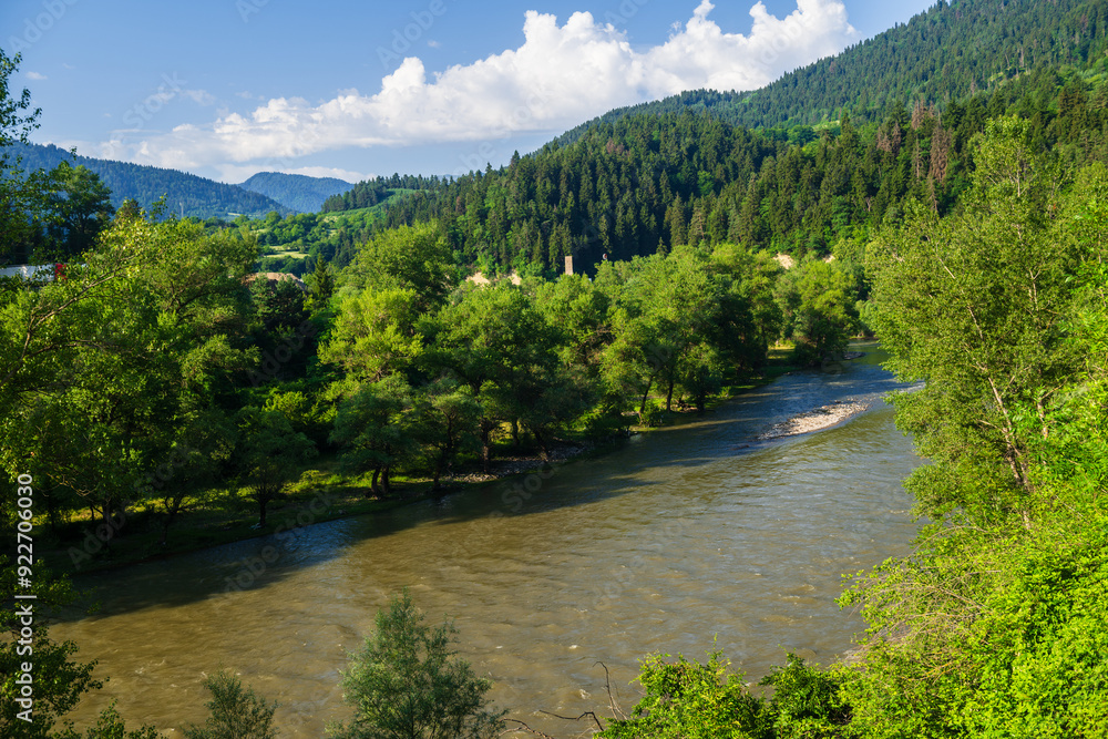 Beautiful landmark near the Borjomi with Kura river and mountain forest. Beautiful landmark near the Borjomi with Kura river and mountain forest.